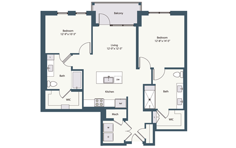 Floor plan for 2 beds, 2 baths, 1206 sqft